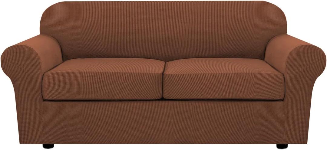 H.VERSAILTEX 3 Piece Stretch Sofa Covers for 2 Cushion Sofa Couch Covers for Living Room Sofa Slipcovers (Base Cover Plus 2 Seat Cushion Covers) Thicker Jacquard Fabric(Large Sofa, Caramel) (Medium-XL)