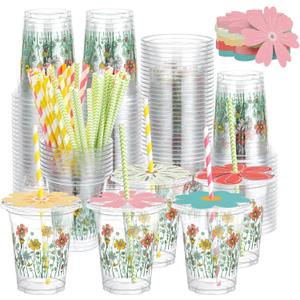 50 Sets 12oz Wildflower Disposable Plastic Cups with Lids and Flower Designed Straws Spring Floral Cold Beverage Drinking Cups for Spring Summer Wedding Birthday Bridal Baby Shower Party