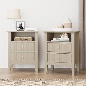 RoyalCraft Beige Fluted Nightstand Set of 2, Colorful Nightstand with 2 Drawers, Modern Wooden End Table with Storage for Small Spaces, Side Table for Bedroom, Couch, Home Office