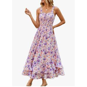 GRACE KARIN Women's 2026 Summer Floral Boho Dress Square Neck Strapped Swing A Line Sundress Beach Long Maxi Outfits, Size M