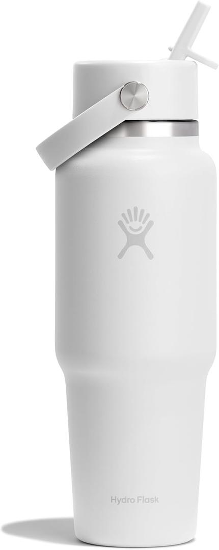 Hydro Flask Travel Water Bottle - Insulated Stainless Steel - Wide Straw Lid, Non Spill, Leakproof in 32 Oz Tonal White