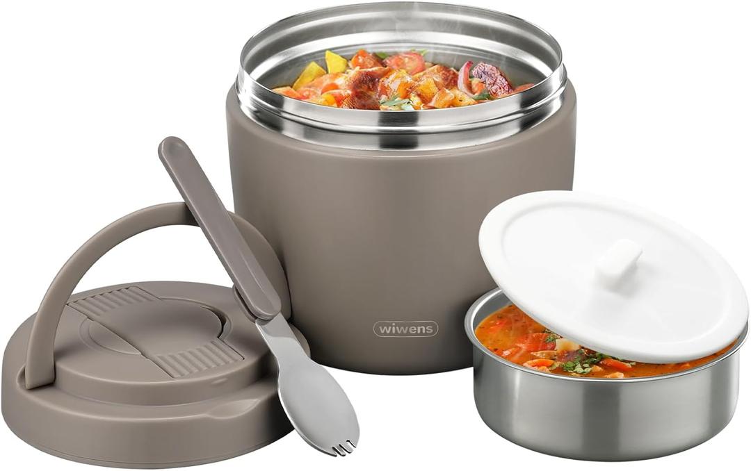 Wiwens Thermo Food Jar for Hot Food Adults 32OZ Soup Thermo Lunch Containers Wide Mouth Vacuum Insulated Stainless Steel Leakproof Bento Box with Spoon (Khaki)