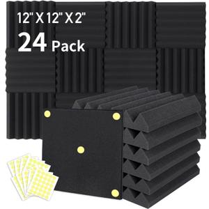 Focusound 24 Packs Acoustic Foam Panels 2" X 12" X 12", Soundproofing Foam Noise Cancelling Foam with 120 PCS Double-Side adhesive