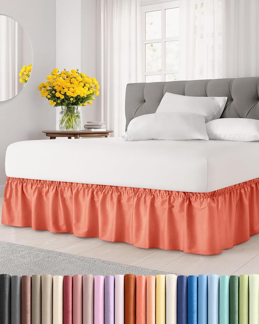 Wrap Around Dust Ruffle Bed Skirt - Coral - for King Size Beds with 15 Inch Drop - Easy Fit Elastic Strap - Adjustable Pleated Bedskirt w/Brushed Fabric - Wrinkle Free - for Women, Men, Kids & Teens