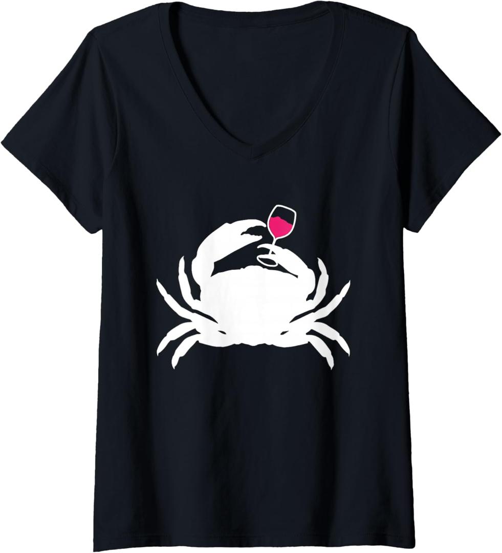 Womens Crab Ocean Gift Wine Cruise Vacation Lovers Drinking V-Neck T-Shirt (Black, XL)