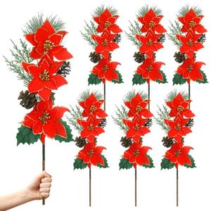 Hotop 6 Pcs Christmas Artificial Poinsettias Florals 19.6 Inch Large Christmas Poinsettia Decorations Red Green Christmas Flower Picks Stem for Christmas Tree Ornament Wreath DIY Xmas Party Decor