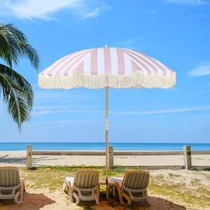 6ft Portable Beach Umbrellas For Sand Pink Striped Boho Fringe Umbrella Outdoor Patio Umbrella Tilt UV Protection Waterproof Pool Umbrella with Storage Bag Backyard Umbrellas For Patios Outside