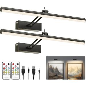 Mocalido 2 Pack Picture Light Battery Operated for Wall, 16in 6 Colors Wireless LED Art Light for Painting with Remote, 5200mAh Dimmable Frame Lights for Gallery, Black