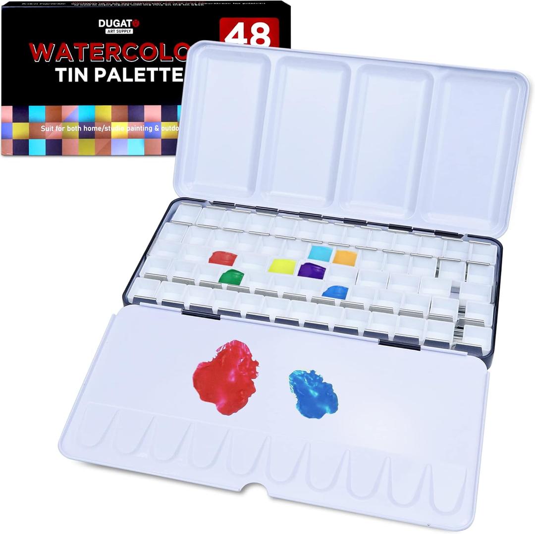 DUGATO Large Empty Watercolor Palette Tin with Lid - Holds 48 Half Pans (63 Included), 5 Fold-Out Mixing Areas - Metal Travel Box for Artists