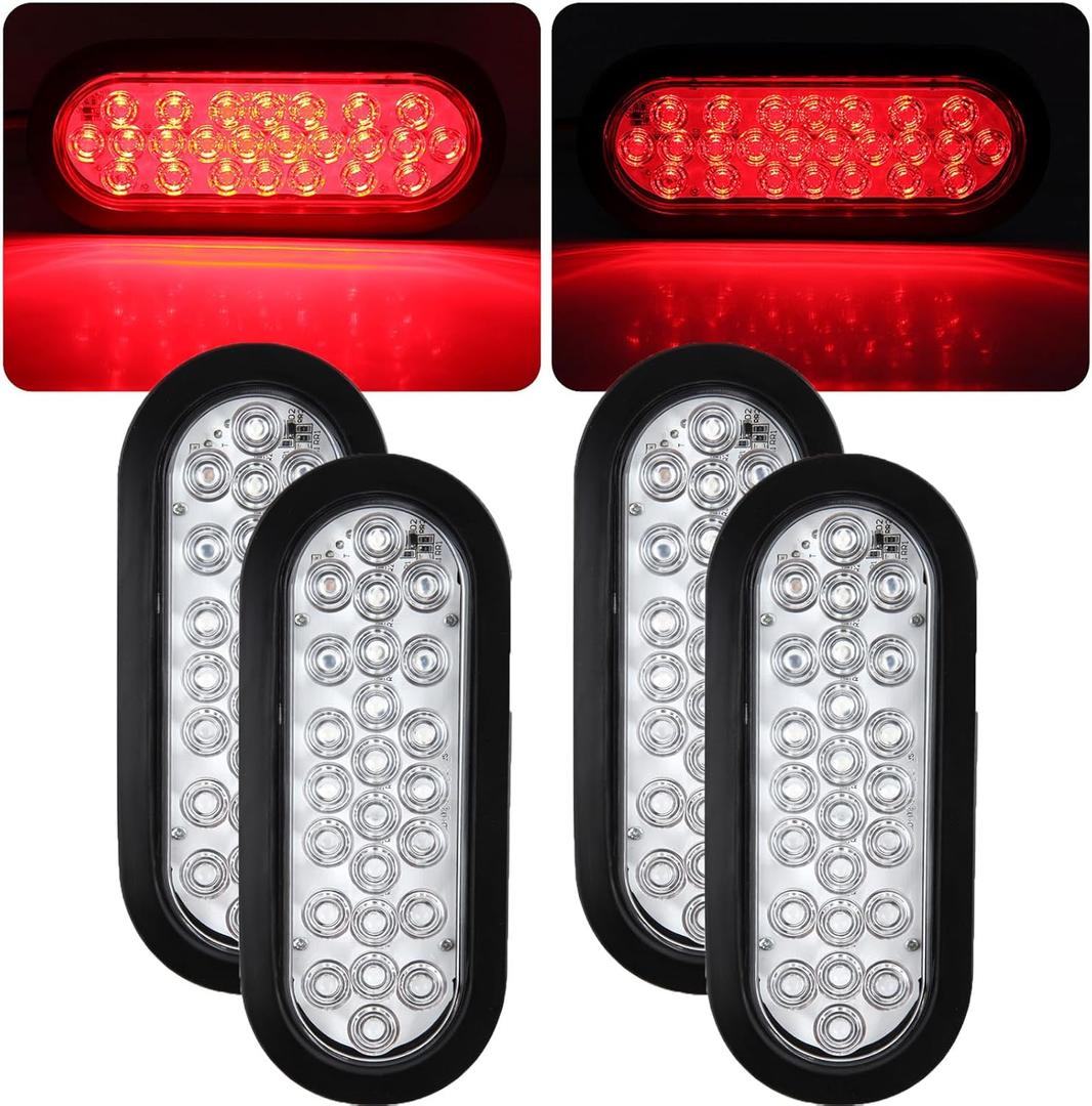4Pcs 6" Inch Oval Red 24 Led Trailer Tail Lights Clear Lens, Clear Lens Oval 6" Red LED Stop Turn Tail Brake Lights Flush Mount Sealed for Truck Trailer RV Boat Utility IP67 Waterproof 12V