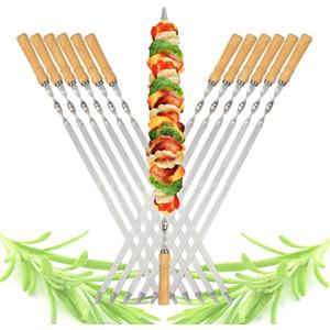 23.6" Large Size Kabob Skewers Flat Metal BBQ Barbecue Skewer Wooden Handle Stainless Steel Shish Kabob Stick Wide Reusable Grilling Set Meat Shrimp Chicken Vegetable Kebab Fork Sausage-12PCS