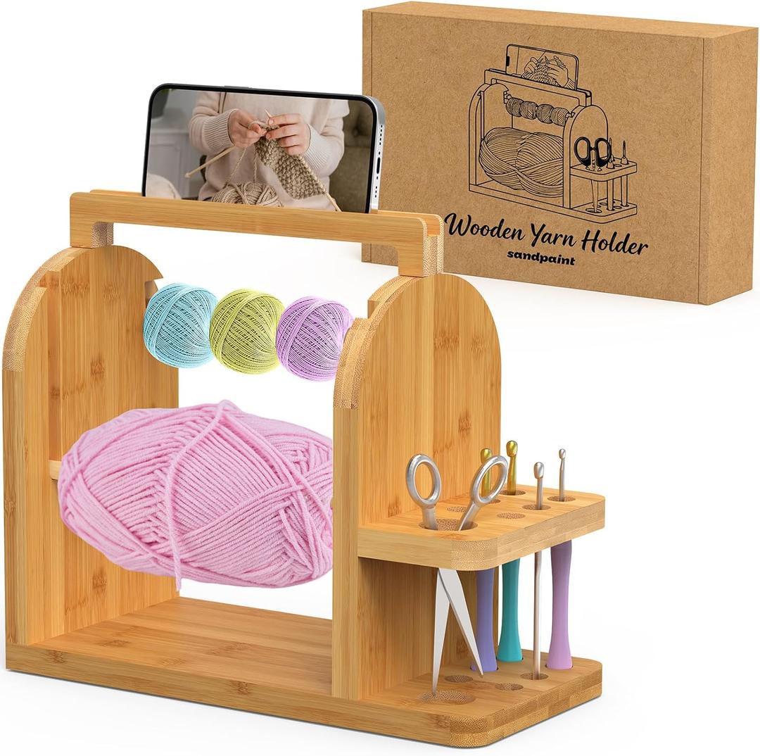sandpaint Yarn Holder for Crocheting, Durable Bamboo Wood Yarn Storage Organizer with Built-in Phone Stand, Tangle-Free Dual Rods & Tool Holder, Ideal Crochet Accessories for Skein, Cake, Ball Yarn