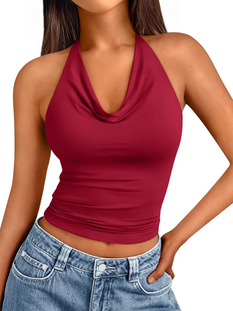Trendy Queen Womens Summer Halter Tops Going Out Crop Top 2025 Fashion Cowl Neck Shirts Backless Sexy Cute Y2K Clothes (Medium, Red)