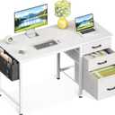 Casaottima 40 Inch Small Home Office Computer Desk for Bedroom with Fabric Drawers & File Cabinet, Cloth Storage Bag and Hook, Writing Study Work Desk for Small Space, Snow White