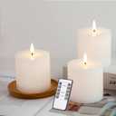 Jolnyus 3x3 inch White Flameless Candles Set of 3 Flickering LED Candles Battery Operated with Remote Control Timers for Concert Fireplace Livingroom Party Dimmable Pillar Candles Flat top