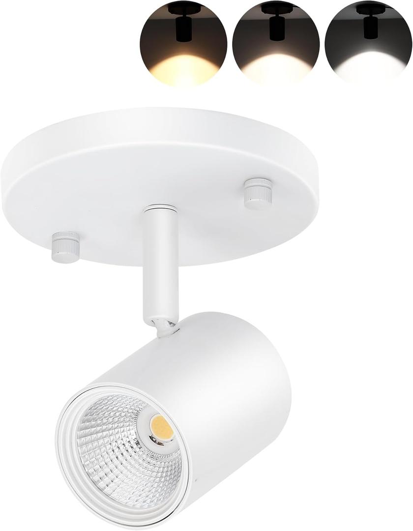 CLOUDY BAY LED Flush Mount Ceiling Spot Light,CRI90+ 9W 3000K 4000K 5000K Selectable Dimmable,Adjustable Tilt Angle Ceiling Track Light Head,White