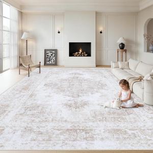 XLUEZ Area Rug 9x12 Living Room Rug, Machine Washable Vintage Distressed Medallion Rug Non-Slip Soft Low Pile Large Indoor Rugs for Bedroom Kitchen Dining Room Office(Beige,9'x12')