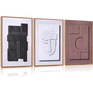 Aurlan Neutral Abstract Polygon Framed Wall Art(16"x24"), 3 PCS Minimalist Black Beige Brown 3D Textured Canvas Artwork, Large Modern Geometric Illustration Art Wall Decor for Office Living Room