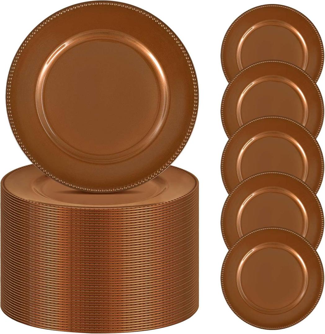 50 Pcs Brown Charger Plates Bulk, 13" Round Beaded Plate Chargers for Dinner Plates, Decorative Dinner Chargers Plastic Table Chargers for Wedding Holiday Party Baby Shower Event Decoration (Brown)