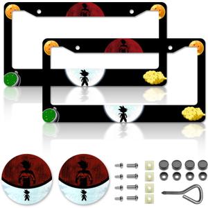 Anime Dragon License Plate FramesAnime Ball Car Accessories for Women & MenCute License Plate HolderAluminum License Plate Frame Fits Standard US Vehicles Size 12.2 x 6 Inch (Black-2pcs)