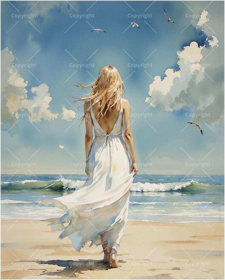 Beach Paint by Numbers Kit for Adults - DIY Woman in White Dress by The Sea Painting on Canvas, Acrylic Paint Set, Suitable for Beginners, Art for Home Decoration or Gifts(16X20IN Framed)