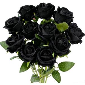 Jasion 12PCS Artificial Roses Realistic Velvet Silk Flowers Long Stem Faux Flowers Bouquet for Wedding Home Party Table Centerpieces Decorations (Black)