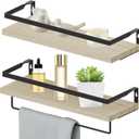 Home Decor Floating Shelves, Wall Shelves with Towel Bar, Bathroom Wall Decor, Floating Shelves Wood for Living Room/Kitchen/Bedroom, (Black-Natural) Floating Bathroom Shelves