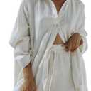 Fixmatti Women 2 Piece Outfits Long Sleeve Button Down Blouse and Shorts Sweatsuit Sets, Medium