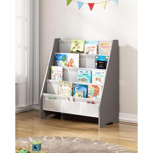SEIRIONE Sturdy Kids Bookshelf, 4-Tier Book Shelf for Kids Room with Oxford Fabric-Nursery Room Playroom Classroom, Deep Slings to Keep Books Upright, Ideal Height for Toddler Age 3+, Grey