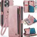 Defencase Compatible with iPhone 15 Pro Case Wallet with RFID Blocking Card Holder for Women Men, PU Leather Magnetic Snap Flip Zipper Strap Wallet Phone Case Fit for iPhone 15 Pro 6.1", Rose Pink