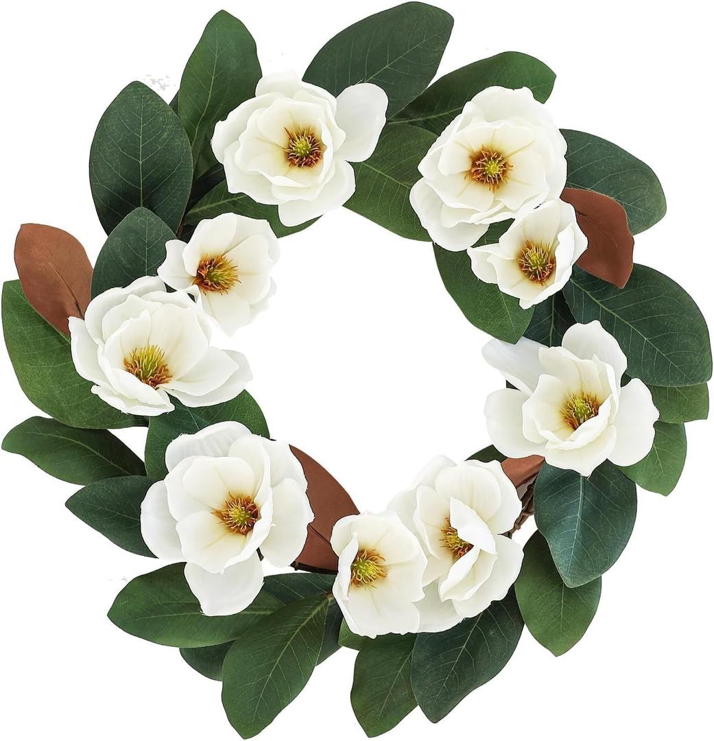 All Seasons Wreath for Front Door w/Silk Cream Magnolia, 20Inch Year Round Outdoor Spring Summer Wreath Farmhouse Indoor Decor, Flower Wreath for Wedding Home Wall Window Porch
