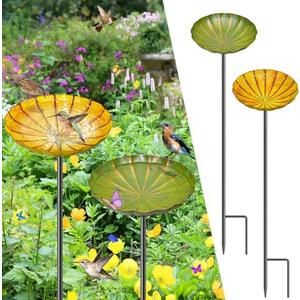 MeyRolizn 2PCS Metal Flower Bird Bath for Outside, Small Hummingbird Bath Bowl Detachable Birdfeeder Bowl Garden Decor for Outdoor Yard Lawn (2PCS-Yellow-Green)