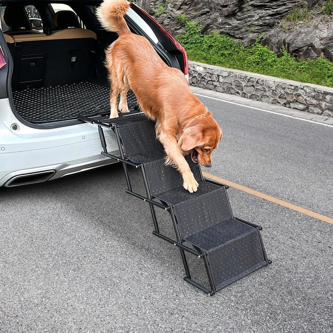 Portable Folding Pet Stair & Ramp for Large Dogs up to 154lbs, Non-Slip Surface, Ideal for Cars, SUVs, High Beds, and Trucks (4 Steps Black)