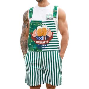 Bindefon Bibs Overalls Men Adjustable Straps Coveralls Shorts Printed Jumpsuit Male Romper (XX-Large, Green Beer Glass)
