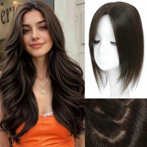 Hair Toppers for Women Real Human Hair, Realistic Biological Scalp Toppers HairPieces for Women with Thinning Hair Middle Part Clip in Bangs Big Base 360 3D Cover (Dark Brown, 14 Inch)