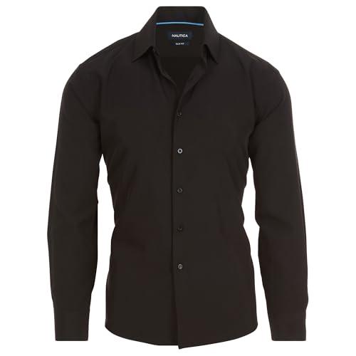 Nautica Slim Fit Mens Dress Shirts Long Sleeve Performance Polyester Fabric Wrinkle Free 4-Way Stretch Black Solid M