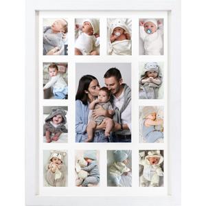 12 month photo frame, my first year photo board,K-12 Collage Photo Frame for Baby First Year Keepsake, 12x16 Multi Picture Frame-13 Opening, Great for Children's Photos, Portrait (White Frame with White Mat)