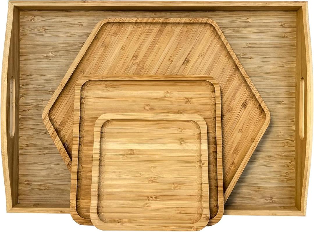 Bamboo Serving Trays Charcuterie Platter 16.5"x11.8"42x30cm with Handle, Set Includes 1xHexagon 12.5"(32cm)+1xSquare 7.8"(20cm)+1xSquare 5.9"(15cm) Small Plates for Family Dinner (1hexagon+2square)