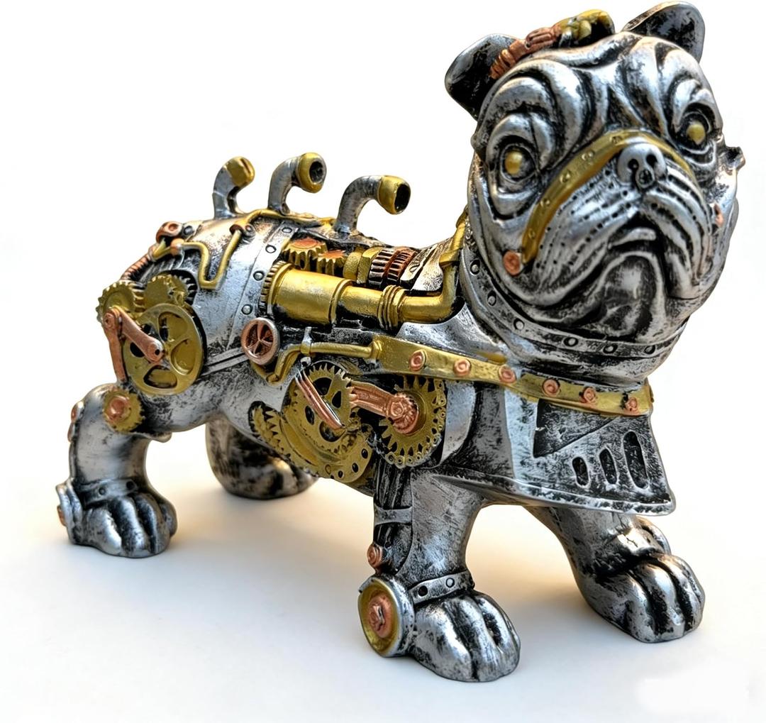 Bulldog Statue and Carved Sculpture Mechanical Punk Style Dog Animal Steampunk Modern Home Decor Resin for Coffee Table, Living Room, Entrance, Shelf Decor