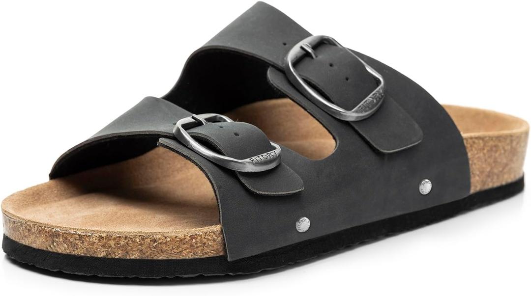 FITORY Womens Flat Sandals with Cork Footbed, Open Toe Slides Adjustable Slip On Slippers for Summer Black Size 9