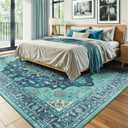 Vibrug Washable Rug for Living Room Bedroom, 8x10 Area Rugs for Dining Room Home Office, Non Slip Low Pile Rug Indoor, Vintage Boho Floral Medallion Carpet, Teal Green