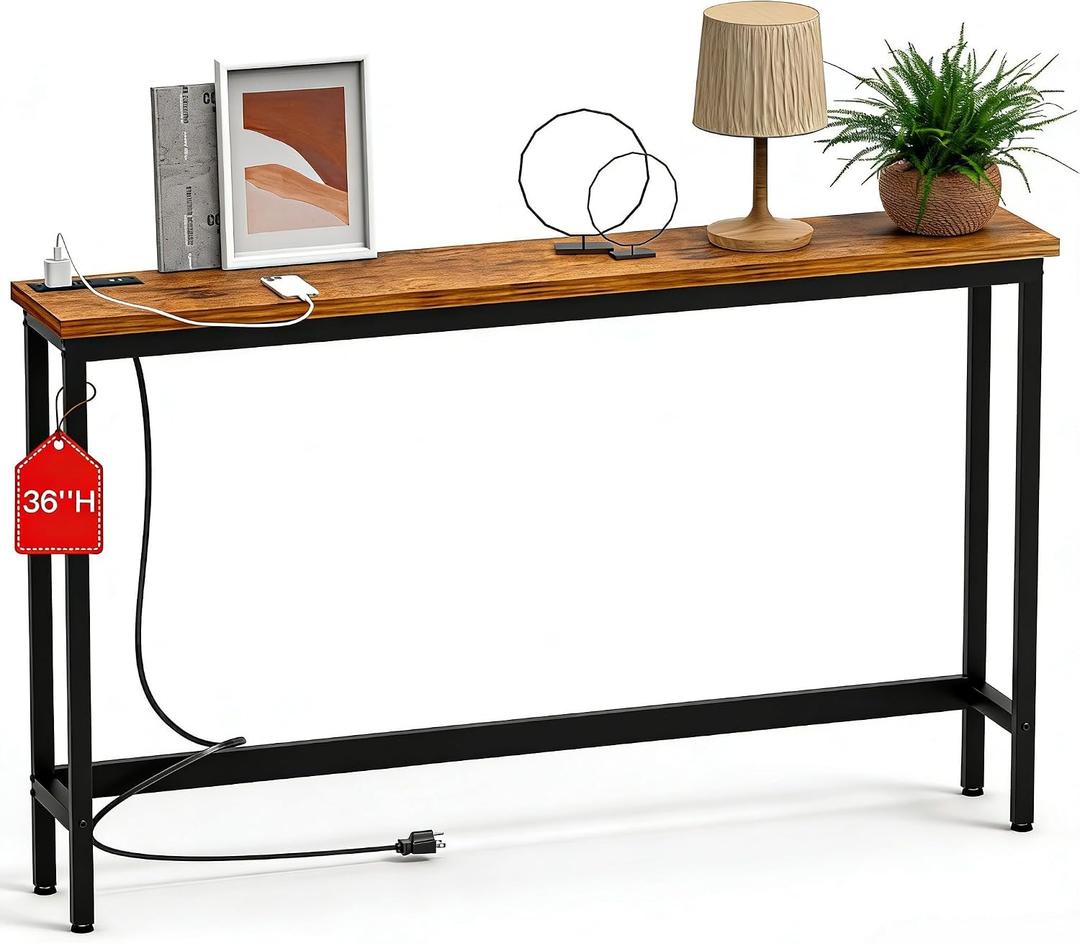 FAMIDGE 36'' Console Table with Outlet, Sofa Table, Behind Couch Table, Narrow One-piece Tabletop for Entryway Hallway, Living Room, Brown