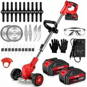 Cordless Weed Wacker with Wheels, 880W Electric Weed Eater Battery Powered with 2 x 21V Batteries, 3-in-1 Grass Trimmer/Brush Cutter with 5 Types Blades