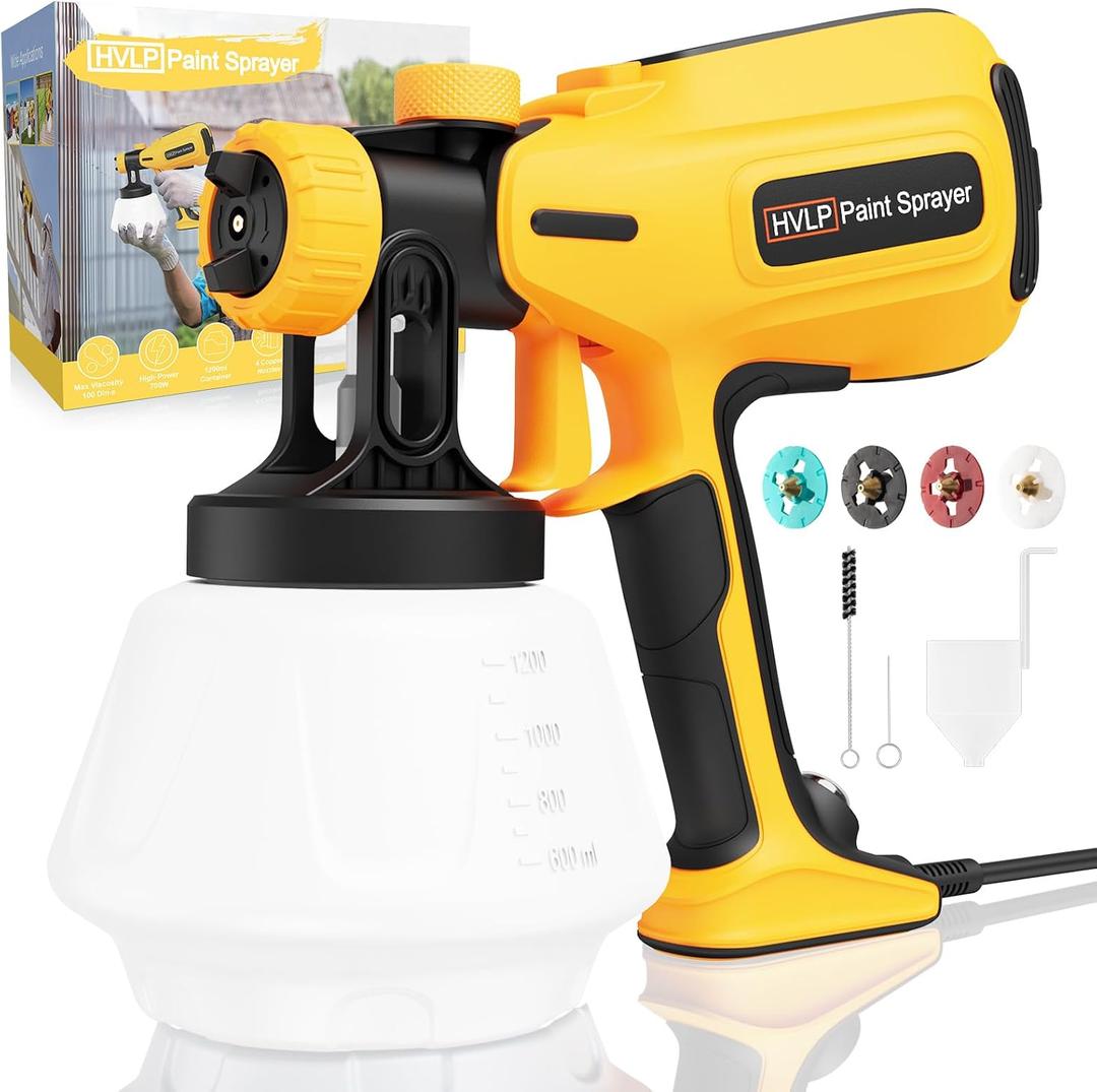 Paint-Sprayer, 700W HVLP Spray Gun, 2024 Upgraded, 4 Copper Nozzles & 3 Spray Patterns, Easy to Clean, Ideal Paint Sprayer for Furniture, Cabinets, Fences, Decks, Walls, DIY Projects, etc. (Yellow)