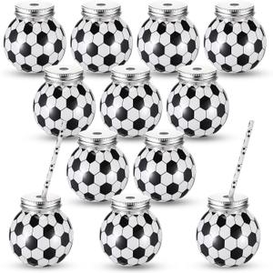 Baderke 12 Set Soccer Cups with Straws and Lids 10oz Plastic Soccer Ball Shape Cups Bulk Sports Theme Bottle for Drink Birthday Sports Party Favors Decor Supplies
