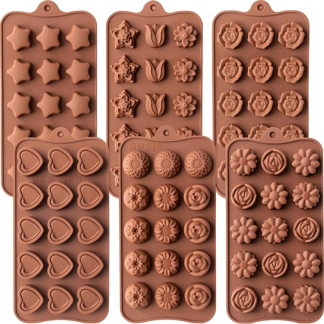 6 Pcs Silicone Chocolate Mold Set - Food-Grade Non-Stick Candy Molds Cookery Moulds for Chocolate, Candy, Jelly, Butter, and More - Flower Shapes