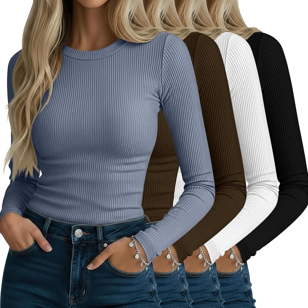 Neer 4 Pack Women's Ribbed Long Sleeve Shirts, Cotton Crew Neck Slim Fit Tops Stretch Knit Casual Base Layer Basic Tee Shirts (Black, White, Dark Khaki, Light Haze Blue)
