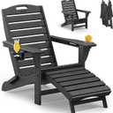 Folding Adirondack Chair with Retractable Ottoman Weather Resistant Fire Pit Chair Patio Chair with 2 Cup Holder Lawn Outdoor Lounge Chair (Black)