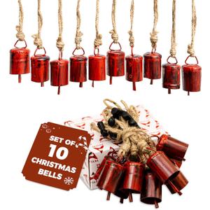 AKATVA Red Christmas Ornaments Set  Vintage Christmas Decor for Tree  Red Christmas Bells  Christmas Tree Ornaments for Holiday Season  Rustic Bells Hanging Ornaments  Set of 10 Pieces (10 pcs Round Shape)