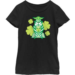 The Mandalorian Girl's Star Wars St. Patrick's Day Ahsoka Tano and Grogu T-Shirt (Large, Black)